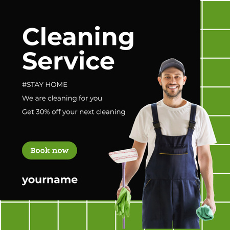 Anúncio de serviços de limpeza com limpador sorridente Instagram AD Modelo de Design