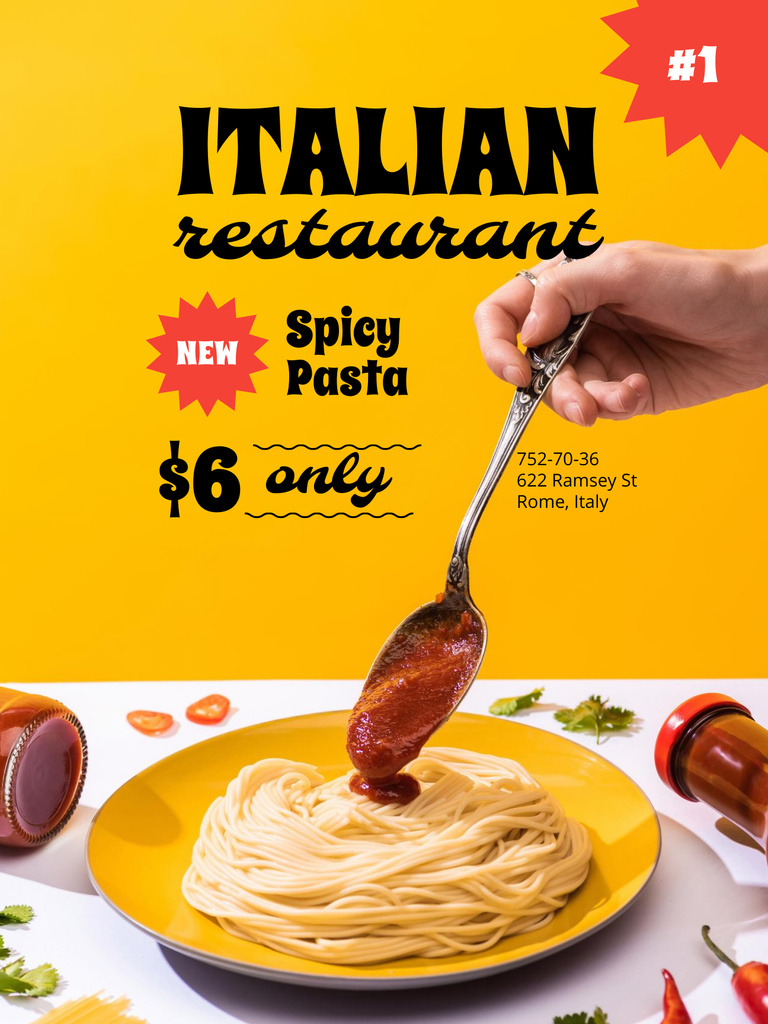 Spicy Pasta in Italian Restaurant Offer Poster USデザインテンプレート