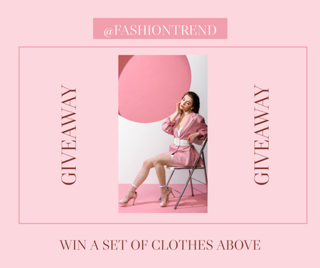 Template di design Annuncio di omaggi di moda con donna in abito rosa Facebook