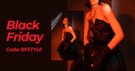 Black Friday Offer with Stylish Woman in Red light Facebook AD Design Template