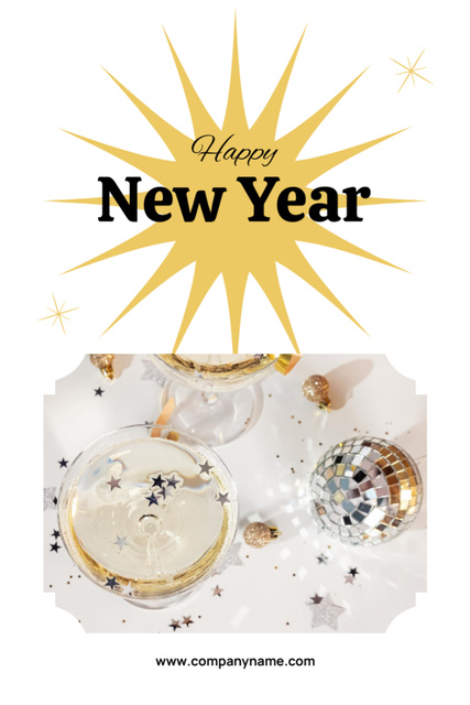 Bright New Year Holiday Greeting with Champagne in Wineglasses Postcard 4x6in Vertical Šablona návrhu