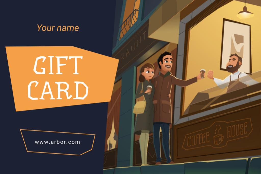 Coffee Shop Offer with Couple Buying Coffee-To-Go Gift Certificate Design Template