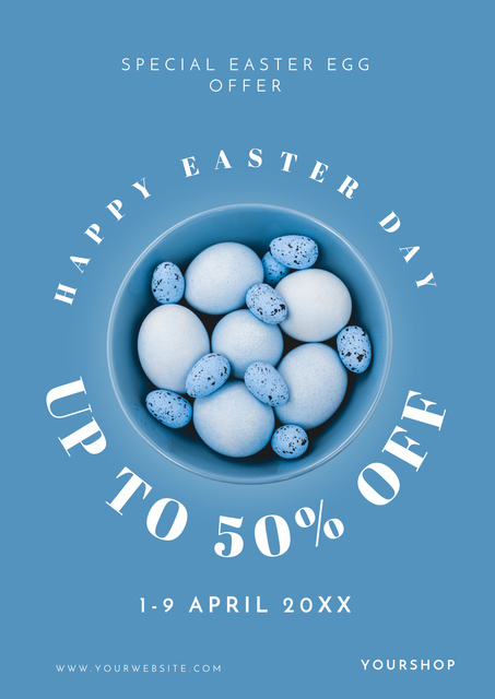 Easter Sale Offer with Blue Quail and Chicken Eggs Poster Design Template