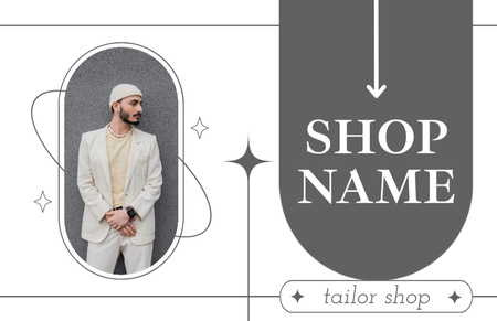 Modèle de visuel Mise en page de l'annonce Tailor's Shop avec photo sur fond gris - Business Card 85x55mm
