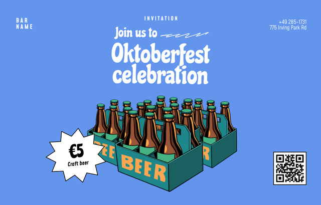 Oktoberfest Celebration With Lots Of Bottles in Blue Invitation 4.6x7.2in Horizontal Design Template
