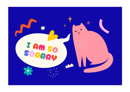 Cute Apology With Pink Cat In Blue Postcard A5 Design Template