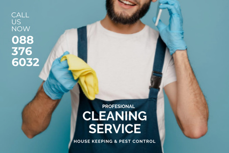 Cleaning Service Offer with Man with Phone Flyer 4x6in Horizontal Πρότυπο σχεδίασης