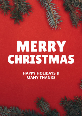 Designvorlage Frohe Weihnachten und frohe Feiertage wünscht mit Tannenzweigen auf Rot für Postcard A5 Vertical