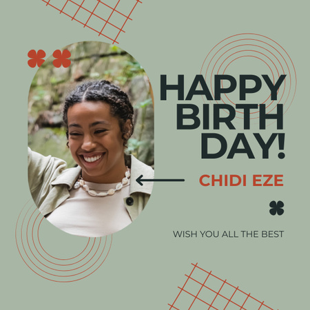 Designvorlage Herzlichen Glückwunsch zum Geburtstag, junge Afroamerikanerin auf Grün für LinkedIn post