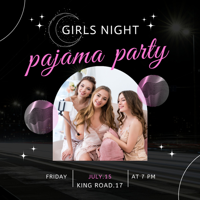 Pajama Night Party Announcement with Cheerful Young Women Instagramデザインテンプレート