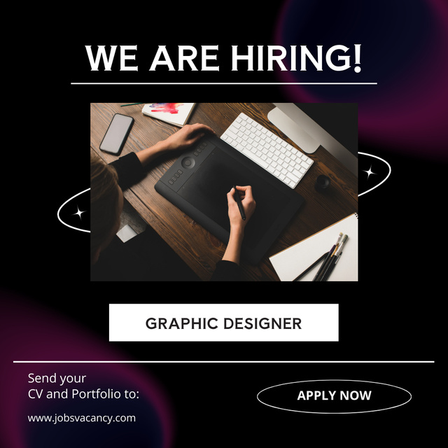 Graphic Designer Hiring Ad with Gadgets on Table Instagramデザインテンプレート