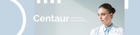 General Pediatrics Clinic Ad with Female Doctor LinkedIn Cover Design Template