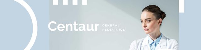 General Pediatrics Clinic Ad with Female Doctor LinkedIn Coverデザインテンプレート