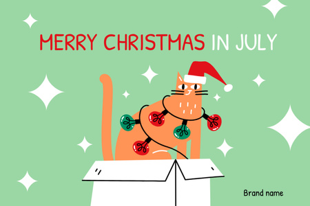 Merry Christmas in July Greeting with Cute Cat in Box Postcard 4x6in Design Template