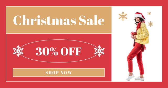 Plantilla de diseño de Woman on Christmas Sale Red and Beige Facebook AD 