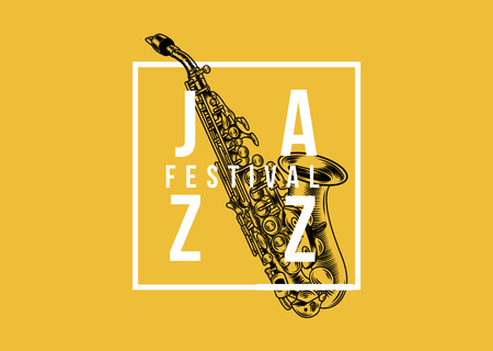 Plantilla de diseño de Festival de jazz con saxofón en amarillo Flyer A6 Horizontal 