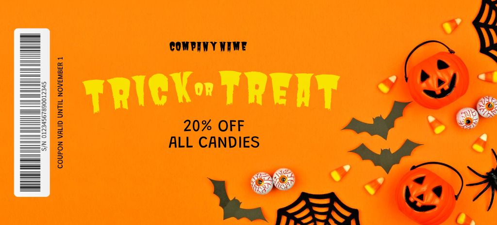 Ontwerpsjabloon van Coupon 3.75x8.25in van Sweet Candies on Halloween With Discounts And Slogan