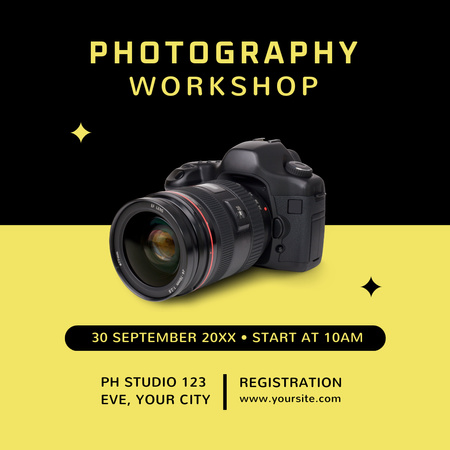 Plantilla de diseño de Anuncio de taller de fotografía en negro y amarillo Instagram 