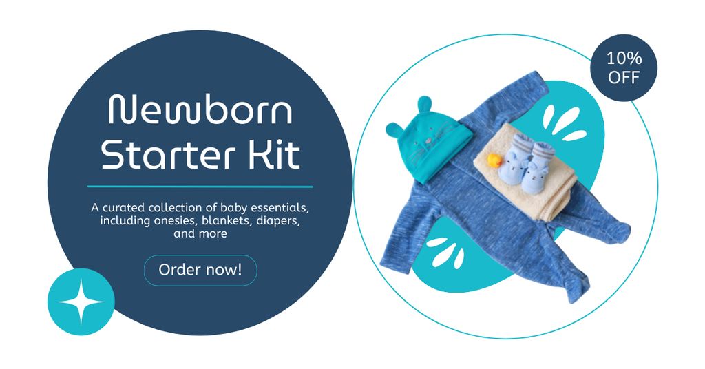 Newborn Starter Kit Promo with Blue Bodysuit Facebook AD Modelo de Design