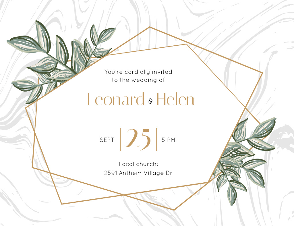 Wedding Ceremony Event With Illustrated Leaves Invitation 13.9x10.7cm Horizontal Modelo de Design