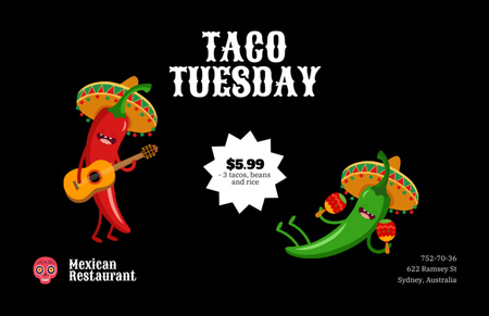 Taco Tuesday Announcement with funny peppers Flyer 5.5x8.5in Horizontal Design Template
