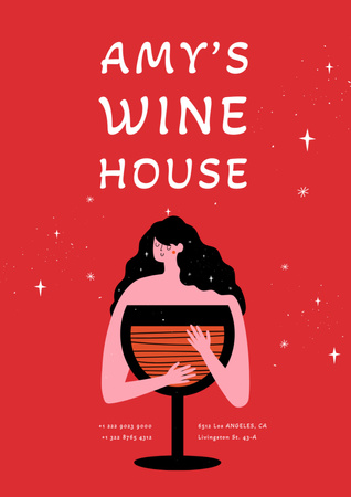 Illustration of Woman Holding Big Glass of Red Wine Poster A3 Design Template