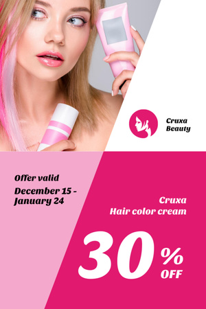 Designvorlage Hair Color Cream Offer Girl with Pink Hair für Flyer 4x6in