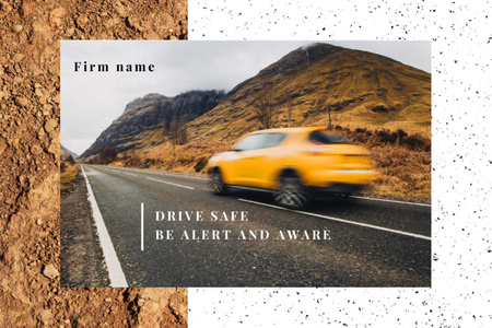 Güvenlik Ucu ve Dağlarla Yolda Modern Hızlı Araba Postcard 4x6in Tasarım Şablonu