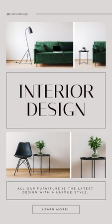 Interior Design with Furniture and Accessories Grey and Green Graphic Design Template
