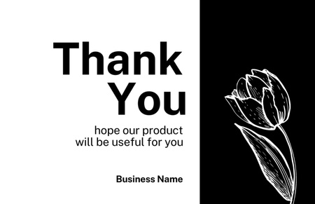 Thank You Phrase with Tulip Sketch Drawing on Black and White Thank You Card 5.5x8.5in Design Template