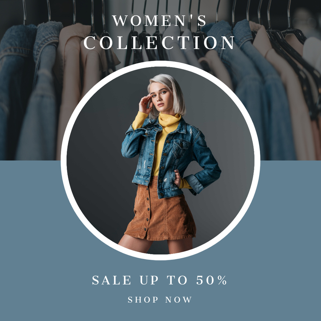 Female Wear Ad with Woman in Denim Jacket Instagram Modelo de Design