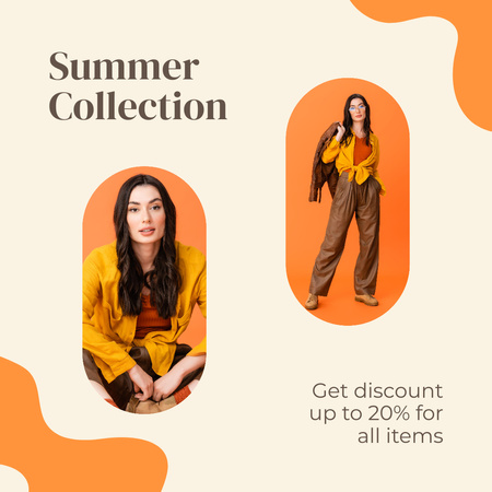 Modèle de visuel Annonce de la collection de vêtements d'été avec une femme en tenue jaune et marron - Instagram