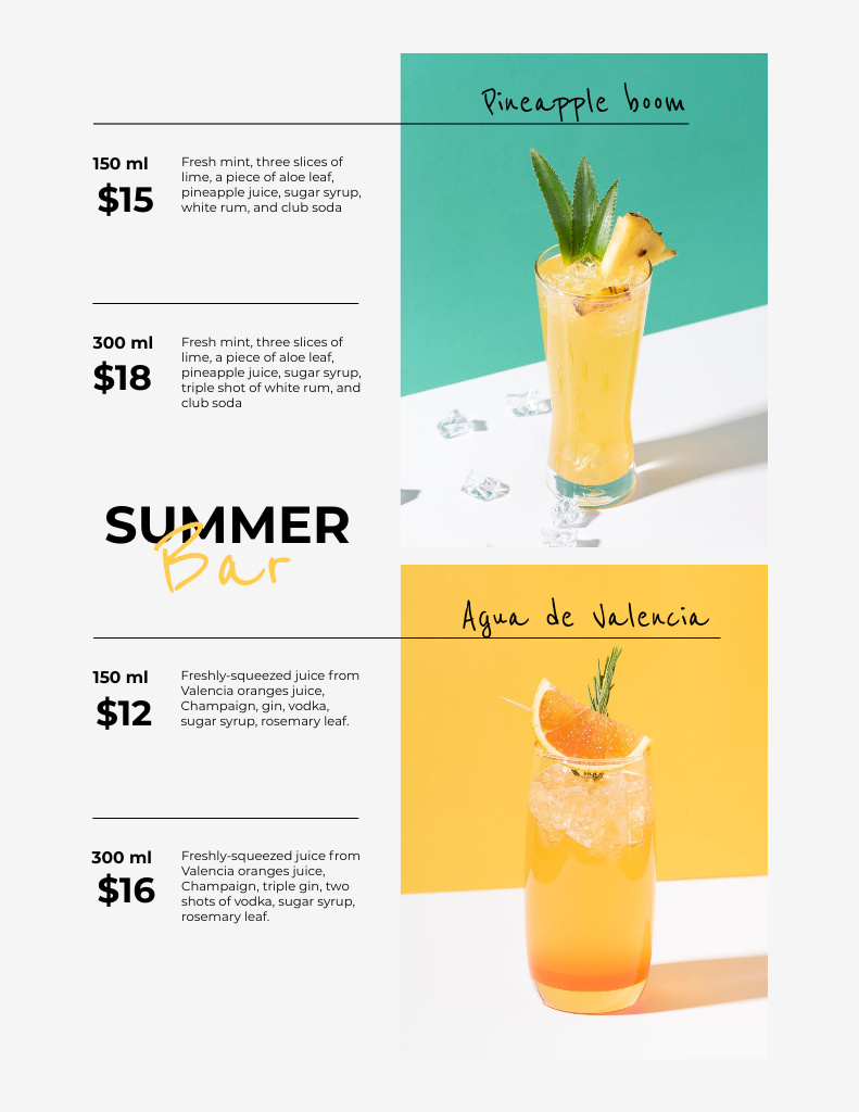Summer Tropical Cocktails List Menu 8.5x11in Šablona návrhu
