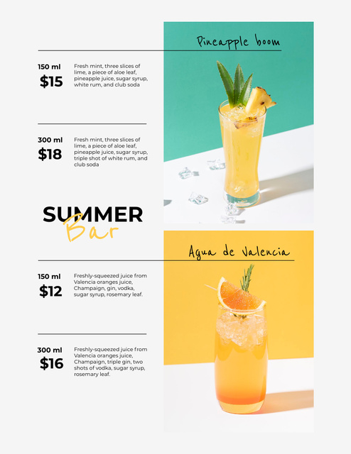 Summer Tropical Cocktails List Menu 8.5x11inデザインテンプレート
