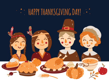Illustrated Women Celebrating Thanksgiving Postcard 4.2x5.5in Design Template