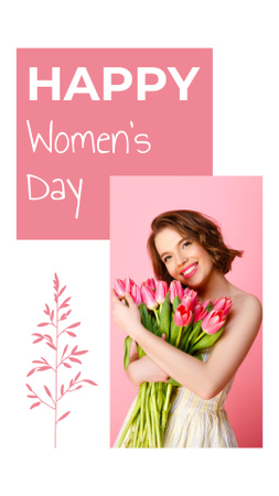 Happy Lady with Bouquet of Tulips on Women's Day Instagram Story Design Template