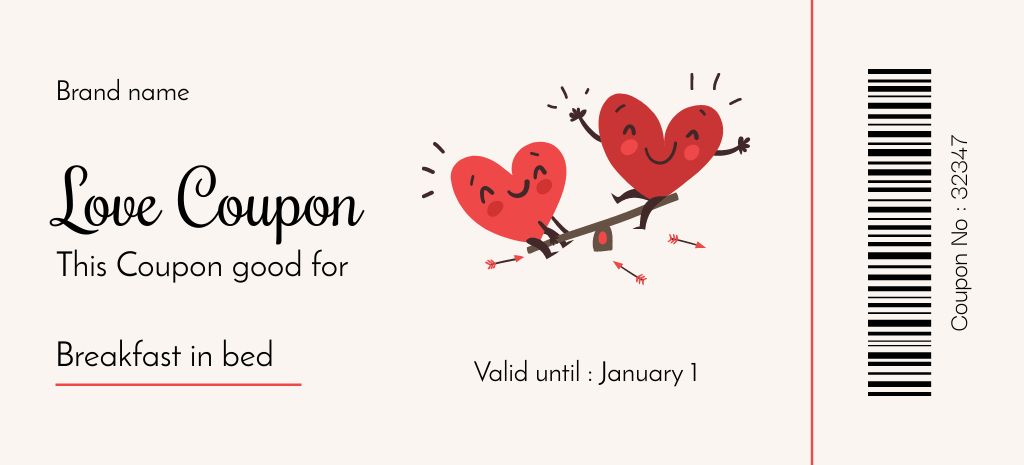 Breakfast in Bed Offer for Lovers on Valentine's Day Event Coupon 3.75x8.25in Design Template