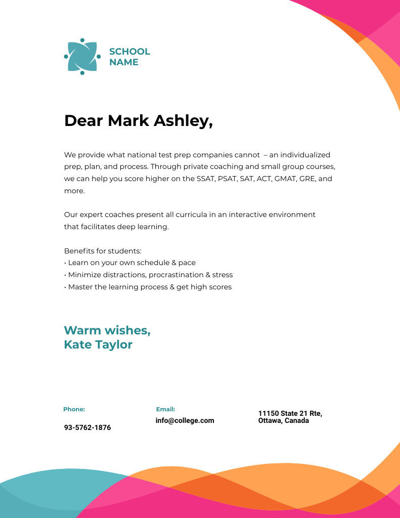 School Letter With Description Of Opportunities And Benefits Letterhead 8.5x11in Design Template