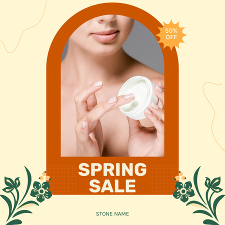 Young Woman Applying Moisturizing Cream with Sale Offer Instagram AD Design Template