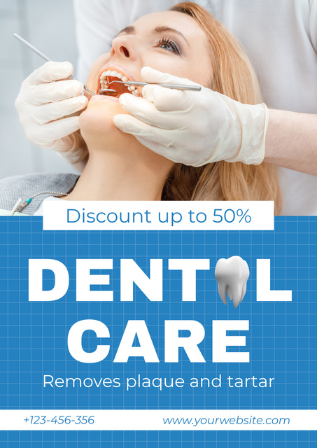 Dental Care Ad with Woman on Checkup Poster tervezősablon