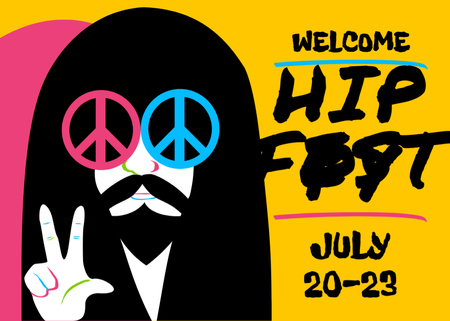 Ontwerpsjabloon van Postcard 5x7in van Hippiefestivalaankondiging in juli met vredesgebaar
