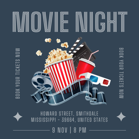 Movie Night Ad with Popcorn on Grey Instagram Design Template