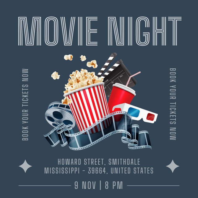 Movie Night Ad with Popcorn on Grey Instagramデザインテンプレート