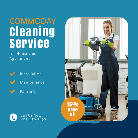 Cleaning Service with Girl with Floor Scrubber Instagram AD Design Template