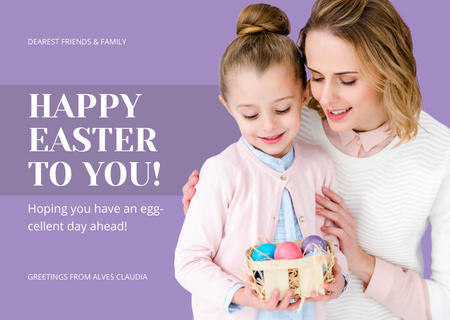 Mother and Daughter Holding Basket of Easter Egg Card Design Template
