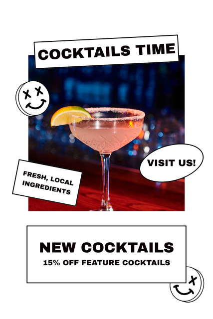 Announcement about Time Discounts on New Cocktails Pinterestデザインテンプレート