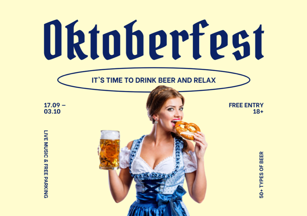 Beer-filled Oktoberfest Celebration With Woman in National Costume Flyer A5 Horizontal – шаблон для дизайну