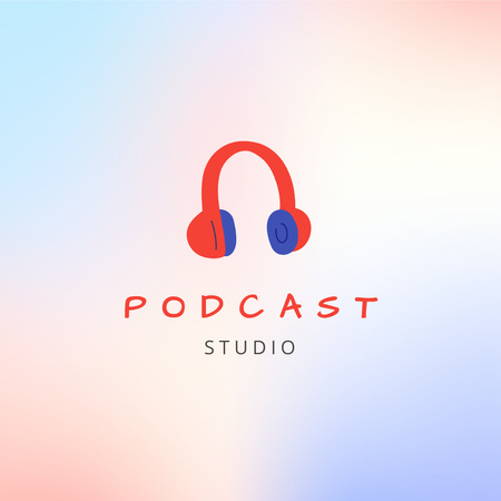 Podcast Studio Emblem with Headphones Logo Design Template