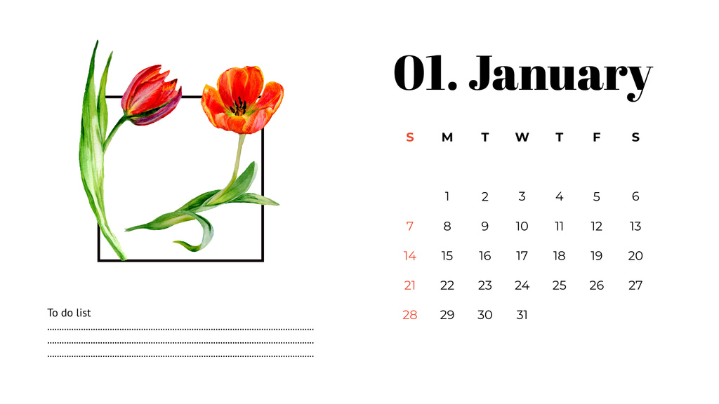 Ontwerpsjabloon van Calendar van Illustration of Beautiful Red Flowers