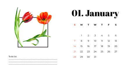 Plantilla de diseño de Ilustración de hermosas flores rojas Calendar 